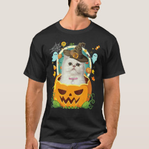 Camiseta Feliz Halloween Abóbora Gato Persa Bruxa Chapéu Fo