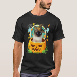 Camiseta Feliz Halloween Abóbora Gato Siamesa Bruxa Chapéu 