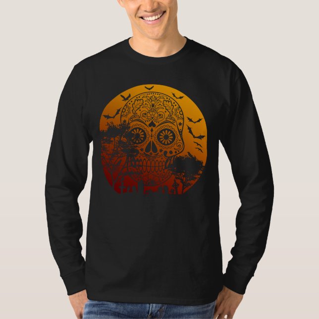 Camiseta Feliz Halloween Açúcar Crânio Cachorro Cheia Lua 2 (Frente)