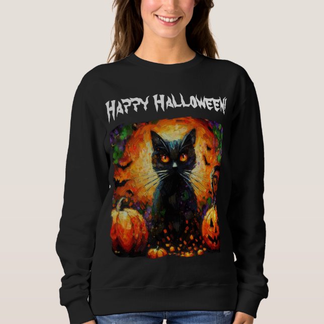 Camiseta Feliz Halloween Black Cat Bats (Frente)