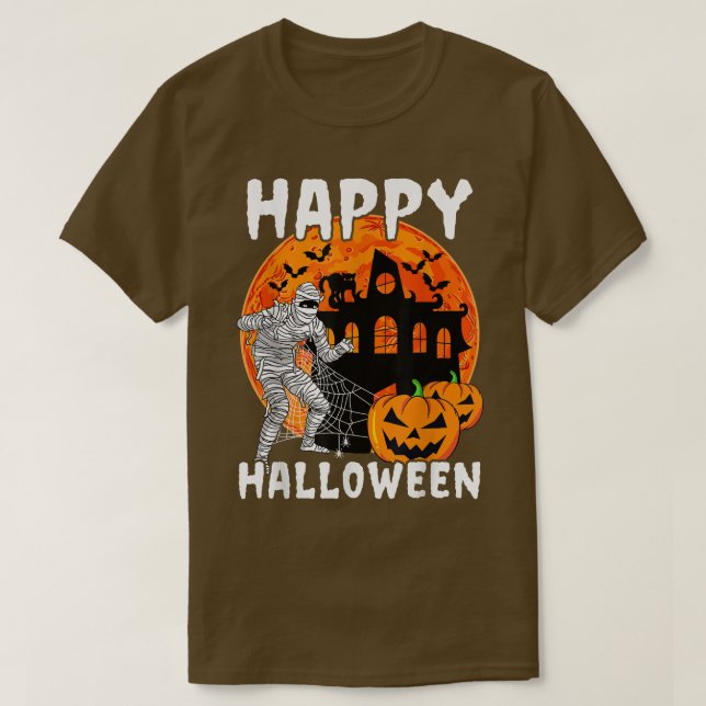 Camiseta Feliz Halloween Black Cat Pumpkin Mummy Bats Haunt (Frente do Design)