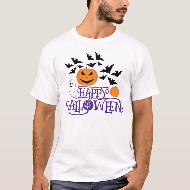 Camiseta Feliz Halloween bombeiros fantasmas morcegos roxos (Frente)