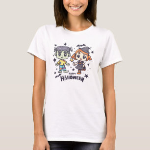 Camiseta Feliz Halloween - Bruxa Bonita e Zombie
