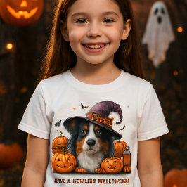 Camiseta Feliz Halloween Bruxa Cachorro e Abóboras
