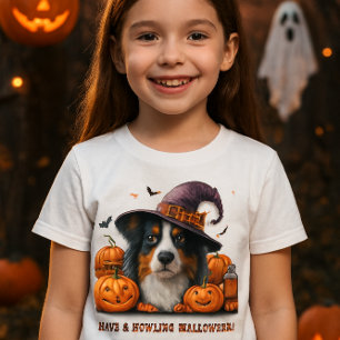 Camiseta Feliz Halloween Bruxa Cachorro e Abóboras