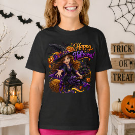Camiseta Feliz Halloween Bruxa Fofa Gato Preto Voa na Vasso