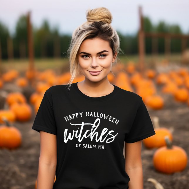 Camiseta Feliz Halloween Bruxas Branco Script Personalizado (Criador carregado)