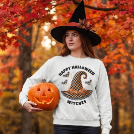 Camiseta Feliz Halloween Bruxas Chapéu Laranja e Preto Xadr