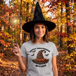 Camiseta Feliz Halloween Bruxas Chapéu Laranja e Preto Xadr