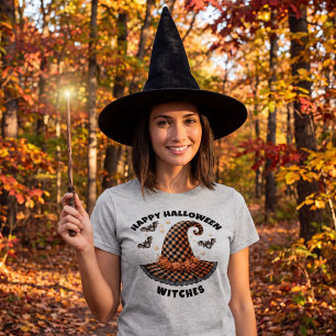 Camiseta Feliz Halloween Bruxas Chapéu Laranja e Preto Xadr