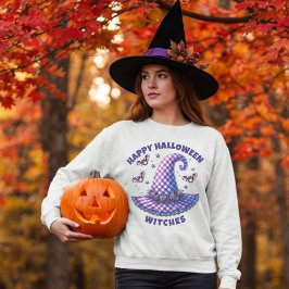 Camiseta Feliz Halloween Bruxas Ropa de Bruxa Roxa em Xadre