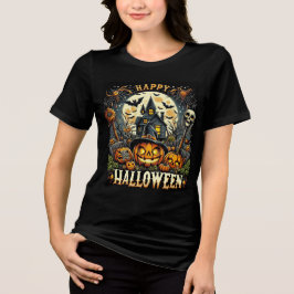 Camiseta Feliz Halloween Casa Assombrada e Abóboras