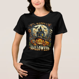 Camiseta Feliz Halloween Casa Assombrada e Abóboras