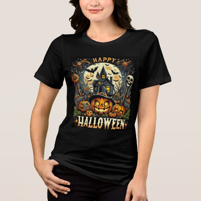 Camiseta Feliz Halloween Casa Assombrada e Abóboras (Frente)