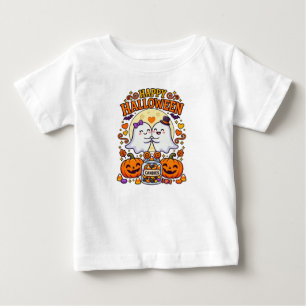 Camiseta Feliz Halloween Casal de Fantasmas Fofos com Pote