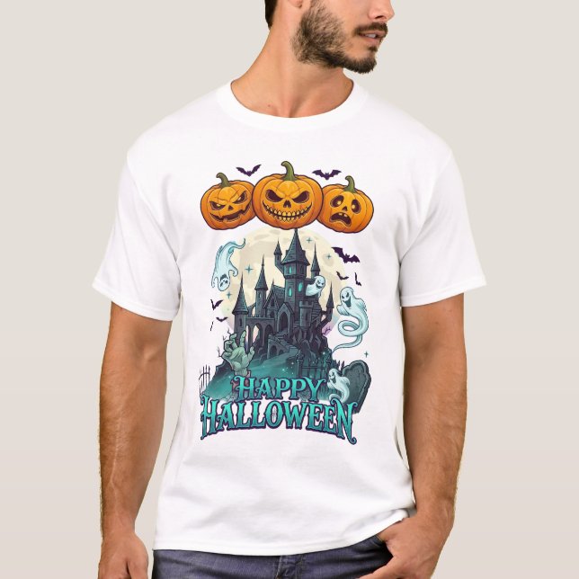 Camiseta Feliz Halloween Castelo Assombrado Abóboras Fantas (Frente)