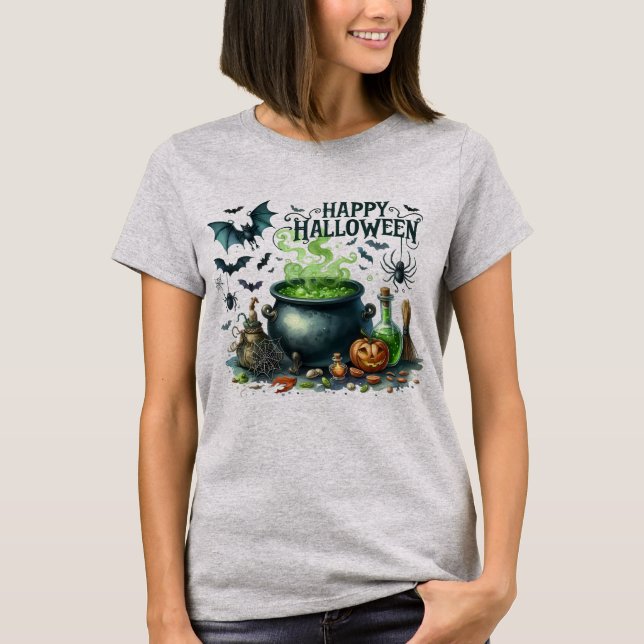 Camiseta Feliz Halloween Cauldron Bats Spider (Frente)