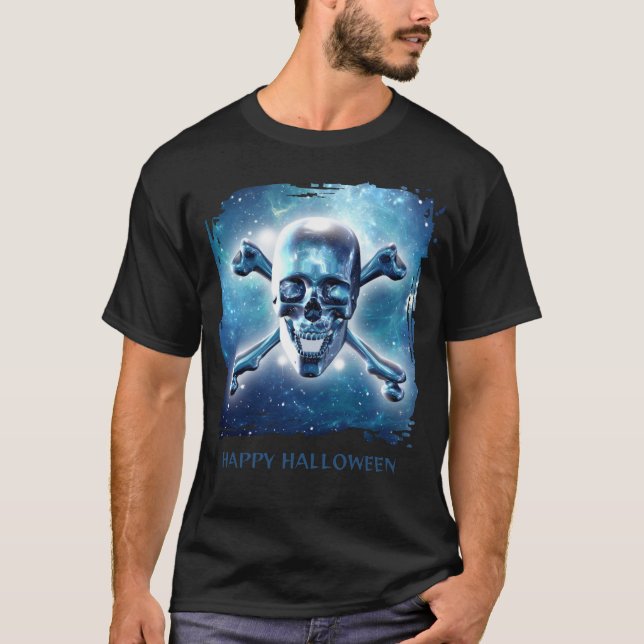Camiseta Feliz Halloween. Caveira espacial (Frente)