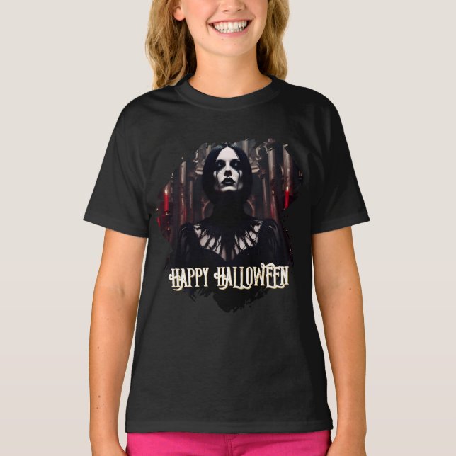 Camiseta Feliz Halloween - Celebração Gótica Escura (Frente)