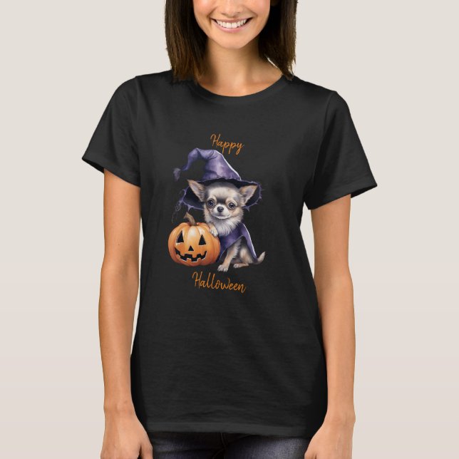 Camiseta Feliz Halloween Chihuahua Witch (Frente)