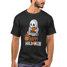 Camiseta "Feliz Halloween" com Fantasma e Abóbora 