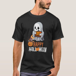 Camiseta "Feliz Halloween" com Fantasma e Abóbora