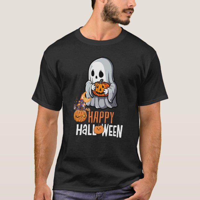 Camiseta "Feliz Halloween" com Fantasma e Abóbora  (Frente)