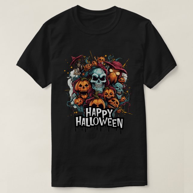 Camiseta Feliz Halloween com Skulls, Pumpkins e Monster (Frente do Design)