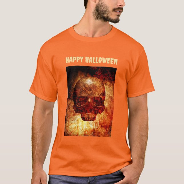 Camiseta Feliz Halloween. Crânio humano 3D. (Frente)