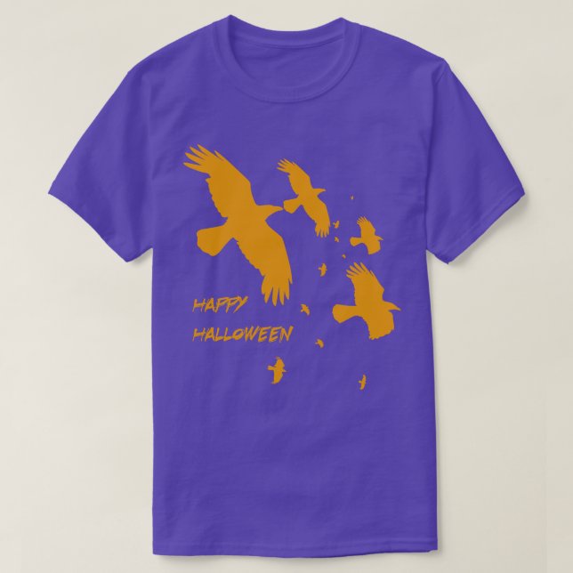 Camiseta Feliz Halloween Crows Em Voo Vetor Orange (Frente do Design)