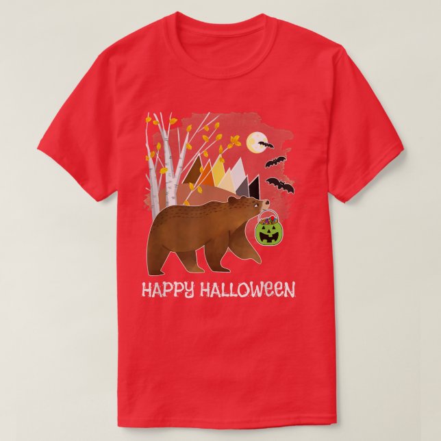 Camiseta Feliz Halloween Cute Bear Montanhas Birch Tres Fa (Frente do Design)