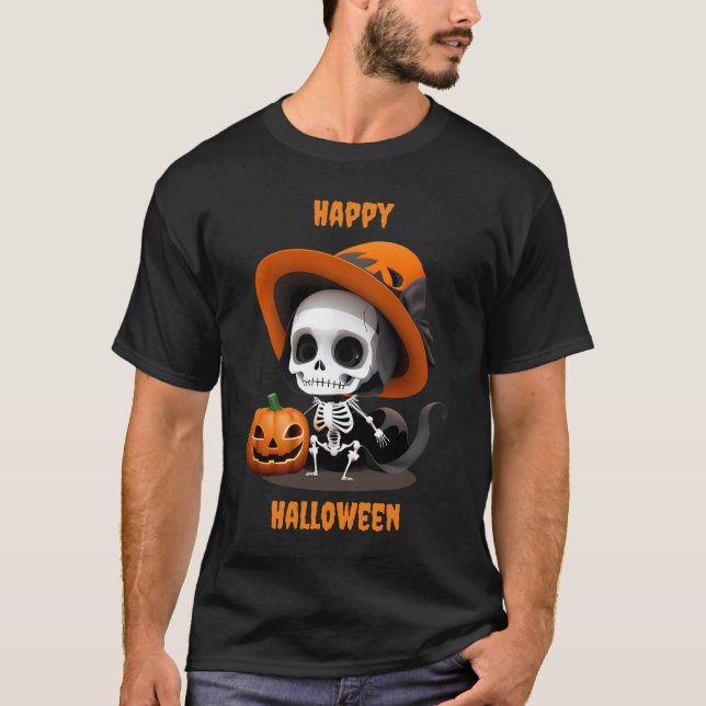 Camiseta Feliz Halloween Cute Kawaii Skeleton & Pumpkin (Frente)