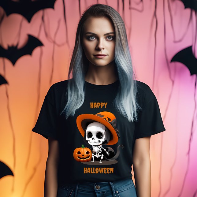 Camiseta Feliz Halloween Cute Kawaii Skeleton & Pumpkin (Criador carregado)