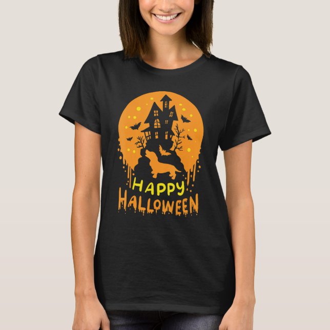 Camiseta Feliz Halloween Dachshund Wiener Dog Bat Ghost Cas (Frente)