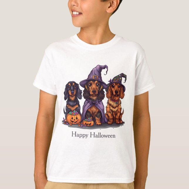 Camiseta Feliz Halloween Dachshund Witch Dogs (Frente)