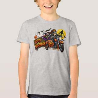 Camiseta Feliz Halloween de Motoqueiro Esqueleto Assustador