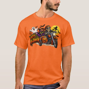 Camiseta Feliz Halloween de Motoqueiro Esqueleto Assustador