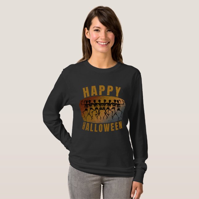 CAMISETA FELIZ HALLOWEEN ESQUELETO DANÇANTE (Frente Completa)