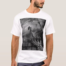 Camiseta Feliz Halloween. Esqueleto segurado por esqueleto