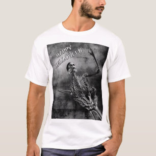Camiseta Feliz Halloween. Esqueleto segurado por esqueleto