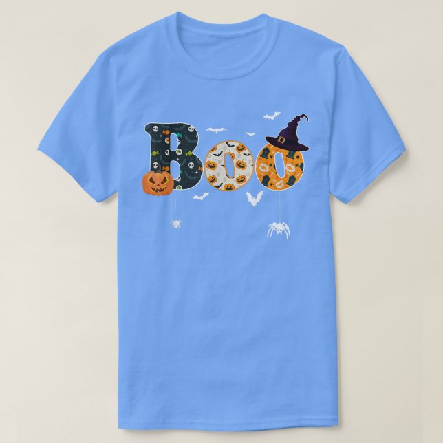Camiseta Feliz Halloween Fantasma Aranhas Chapéu de Bruxa H (Frente do Design)