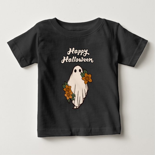 Camiseta Feliz Halloween Fantasma Fofo com Flores (Frente)