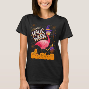 Camiseta Feliz Halloween Flamingo Chapéu de Bruxa Abóbora H