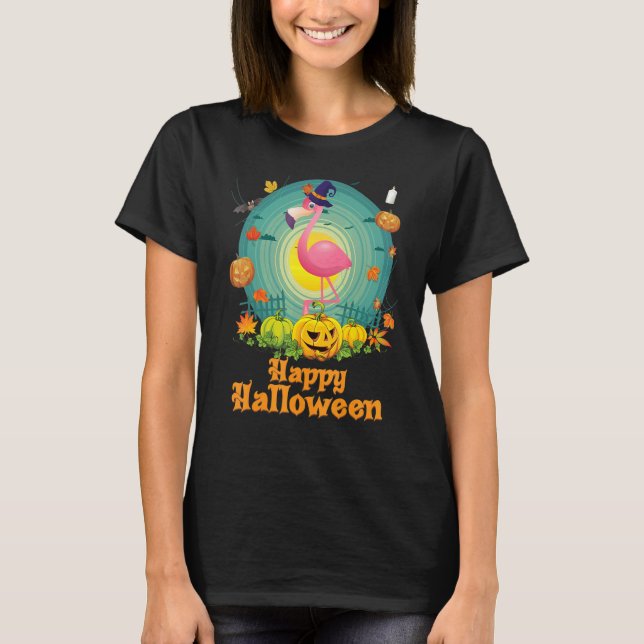 Camiseta Feliz Halloween Flamingo Dog Pumpkin Witch Ghost C (Frente)