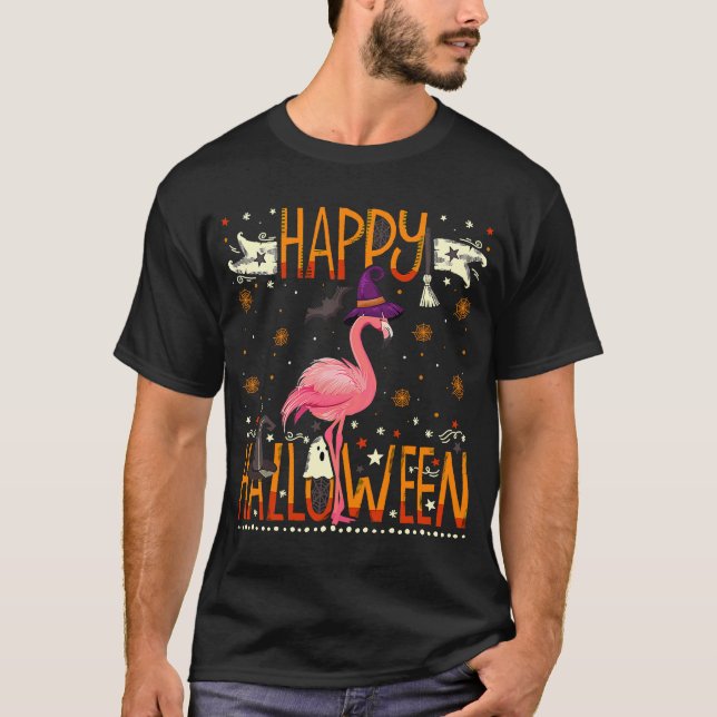Camiseta Feliz Halloween Flamingo Witch Halloween (Frente)