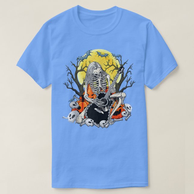 Camiseta Feliz Halloween Funny Skeleton Tocando Bomba De Vi (Frente do Design)