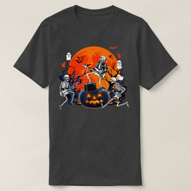 Camiseta Feliz Halloween Funny Skeleton Tocando Bomba De Vi (Frente do Design)