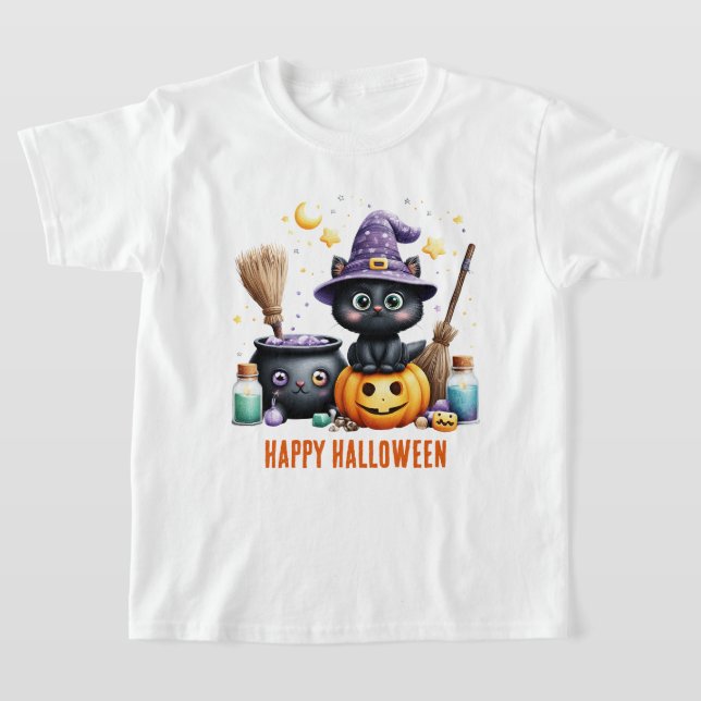 Camiseta Feliz Halloween Gata Bruxa Preta (Postura )