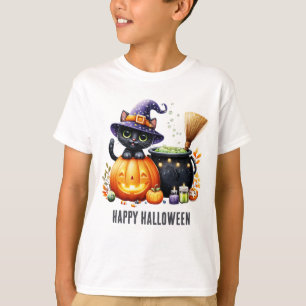 Camiseta Feliz Halloween Gata Bruxa Preta