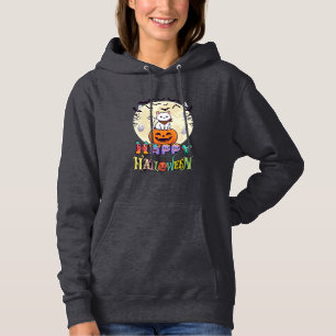 Camiseta Feliz Halloween Gato Branco Abóbora Lua Morcegos F